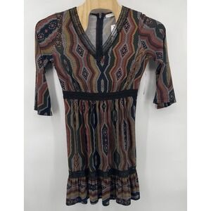 New York & Co. Sm Women Multicolor Stretch V-Neck Long Sleeve Knee Length Dress